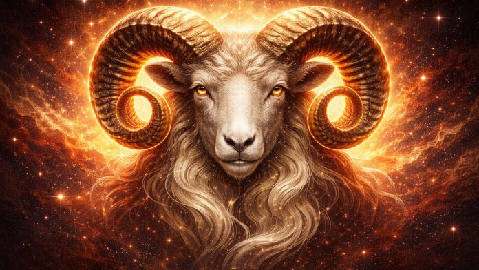 Simbol zodiacal Berbec pe fundal cosmic