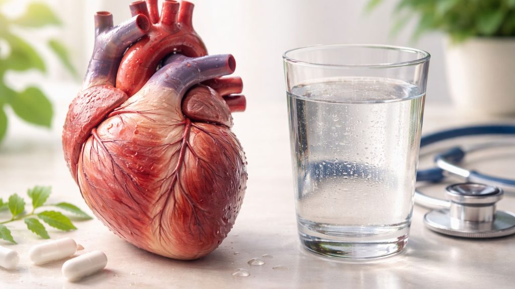 Pahar cu apă pe noptieră lângă pat, sugerând hidratarea înainte de culcare