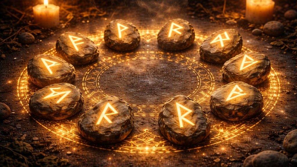 Simboluri runice nordice pe fundal misterios