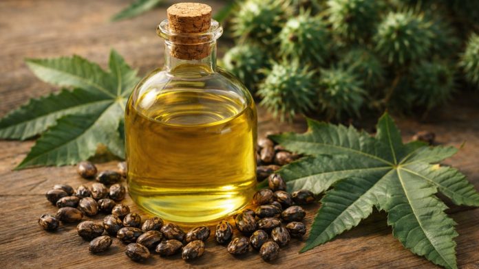 Ulei de ricin într-o sticlă mică lângă semințe de ricin și plante naturale