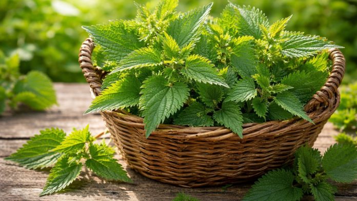 Frunze proaspete de urzică verde pe fundal natural