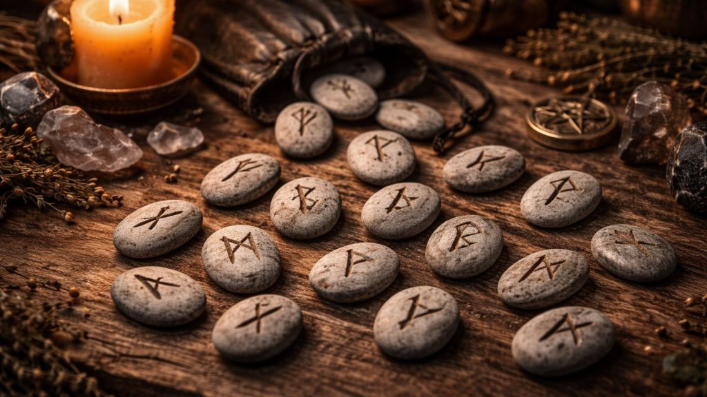 Rune nordice pe masă din lemn simbolizând destinul și previziunile pentru anul 2026