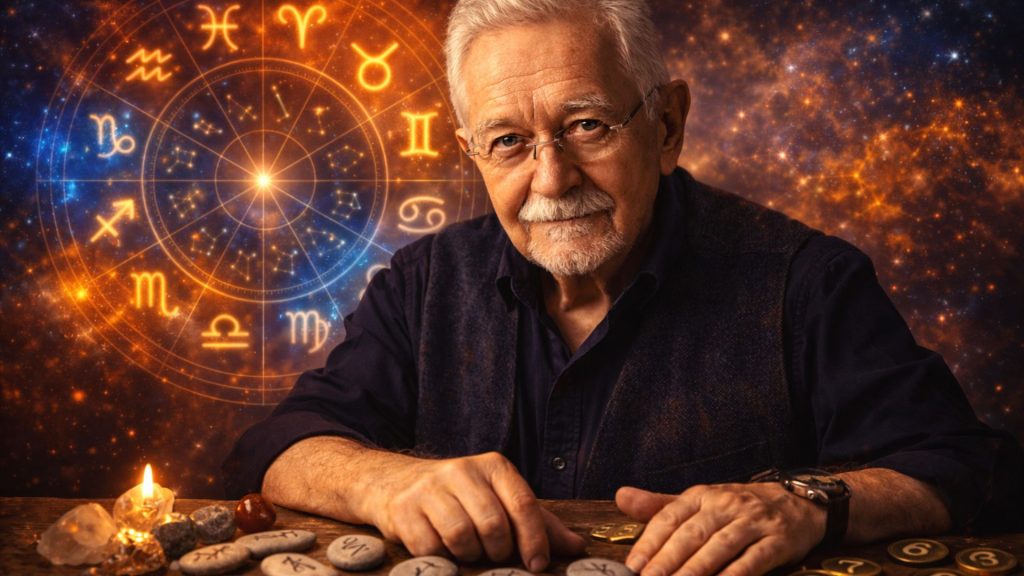 Mihai Voropchievici cu cerc zodiacal luminos și simbolurile celor 12 zodii