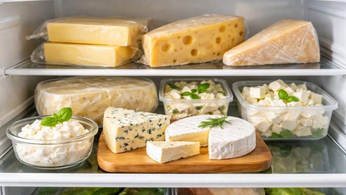 brânză depozitată corect în frigider în recipiente și folie alimentară