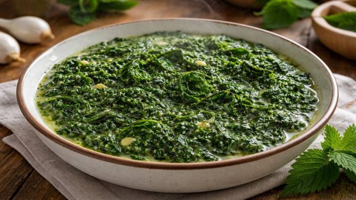 Bol cu mâncare de urzici proaspete, bogate în nutrienți și benefice pentru organism