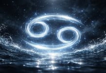 simbol zodiacal rac luminos cu efecte de apă și atmosferă misterioasă