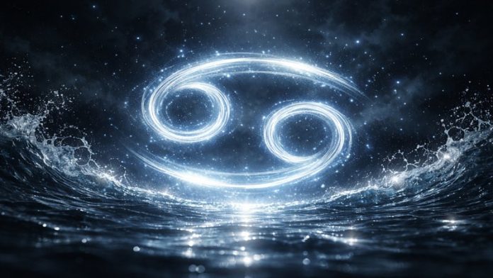 simbol zodiacal rac luminos cu efecte de apă și atmosferă misterioasă