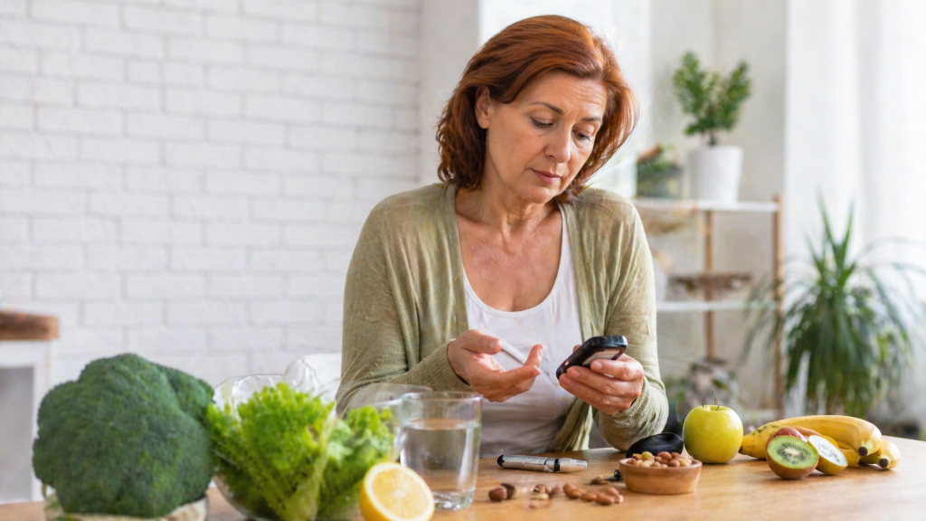Femeie verificand glicemia cu glucometru si alimente sanatoase pe masa
