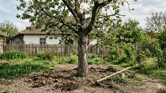 Îngrășământ aplicat la rădăcina unui pom fructifer