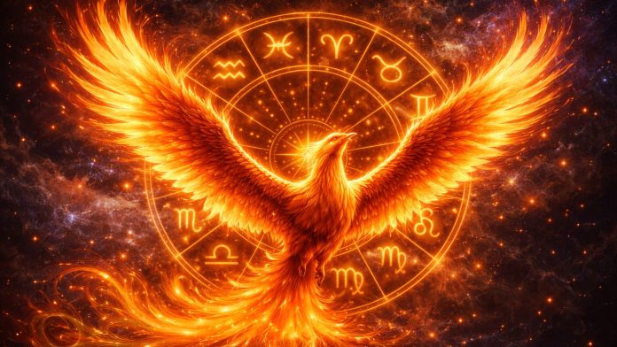 Pasăre Phoenix și simboluri zodiacale care sugerează renaștere în aprilie 2026