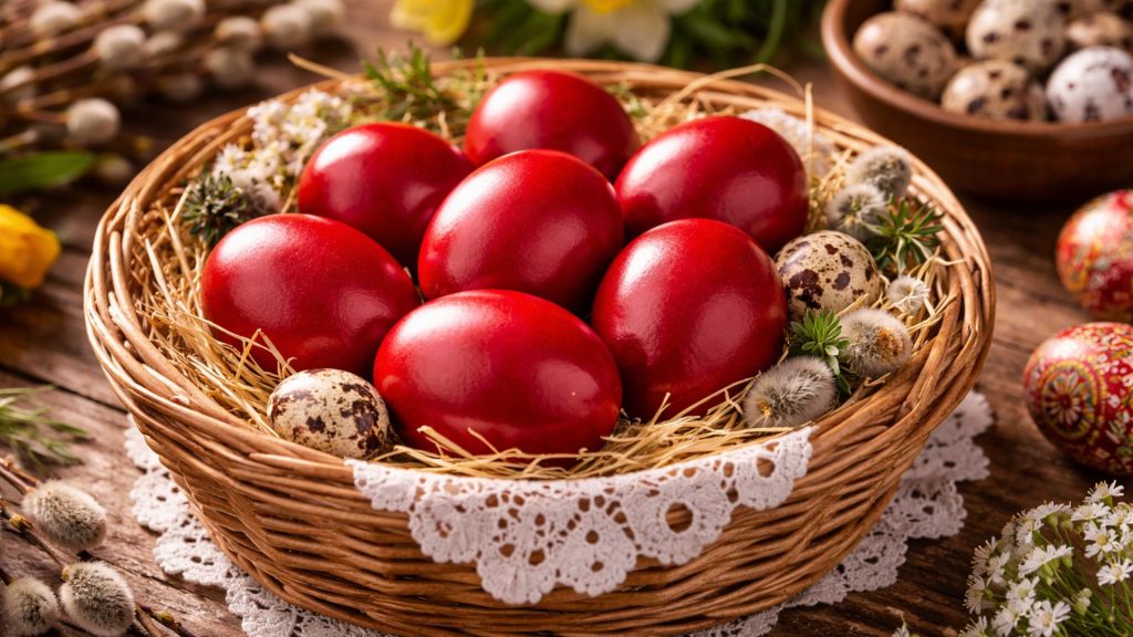 Ouă roșii de Paște într-un coș tradițional românesc