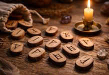 Horoscop Rune pentru Săptămâna Mare. Cinci zodii primesc o schimbare neașteptată și semne de iertare Rune pe masă cu lumânare aprinsă în contextul horoscopului pentru Săptămâna Mare