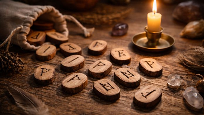 Rune pe masă cu lumânare aprinsă în contextul horoscopului pentru Săptămâna Mare