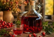 Damigeana cu vin de macese si fructe rosii pe masa rustica