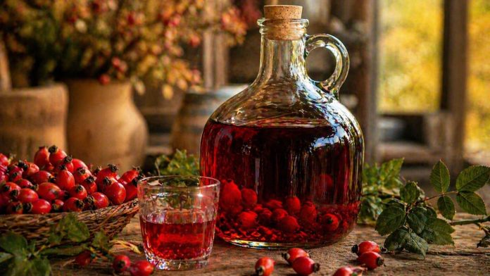 Damigeana cu vin de macese si fructe rosii pe masa rustica