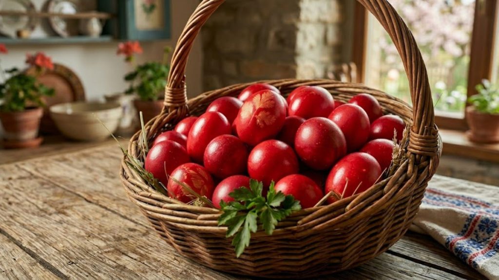 Ouă roșii de Paște vopsite în Joia Mare, simbol tradițional