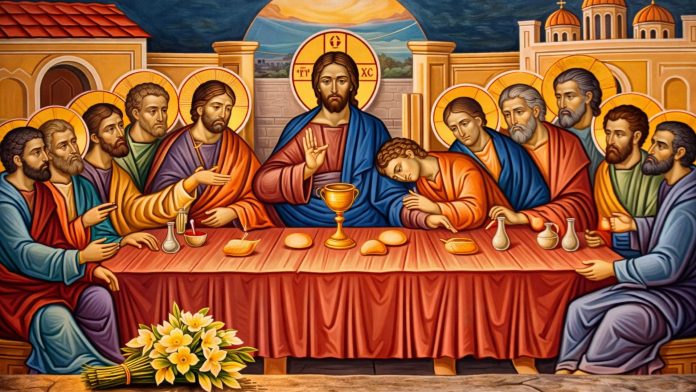 Icoană cu Cina cea de Taină și Iisus Hristos, simbol pentru Joia Mare