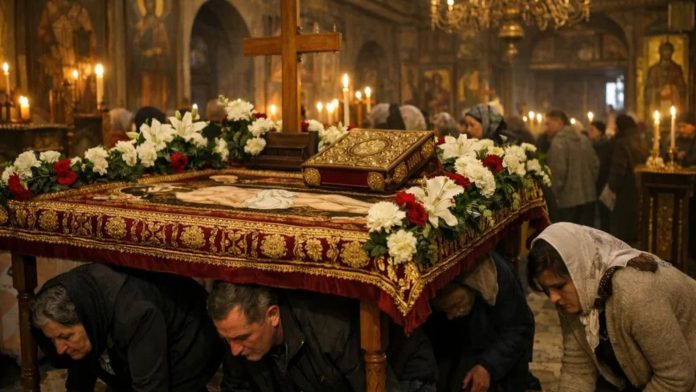 vinerea-mare-trecerea-sub-masa Credincioși trecând pe sub masa cu Sfântul Epitaf în Vinerea Mare