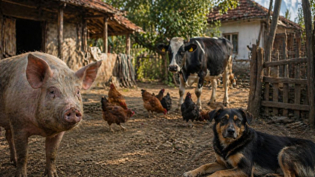 Porc in gospodarie traditionala cu capul in jos explicand limitarea de a privi in sus