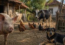 Porc in gospodarie traditionala cu capul in jos explicand limitarea de a privi in sus