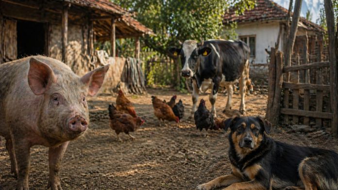Porc in gospodarie traditionala cu capul in jos explicand limitarea de a privi in sus