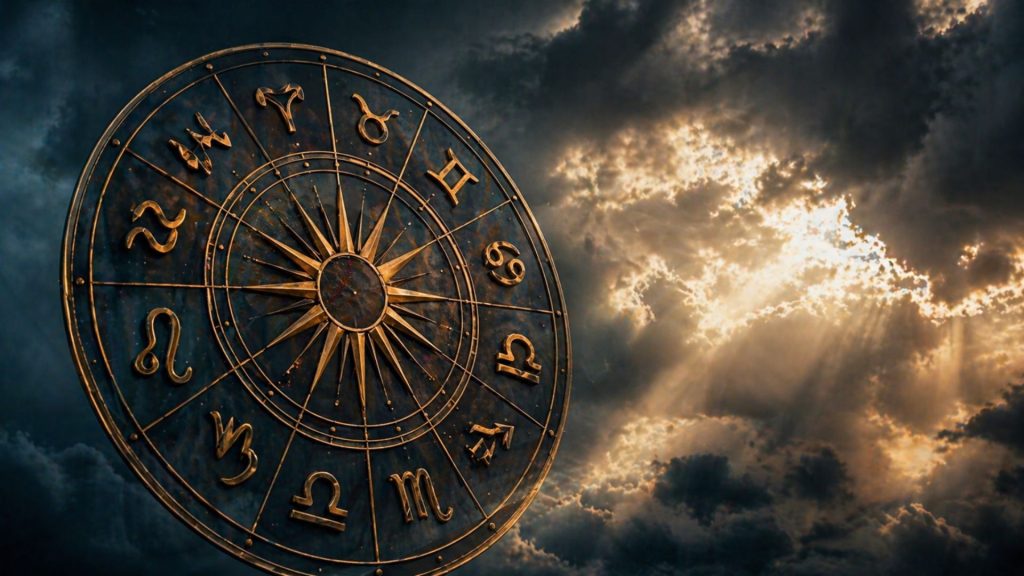 Simboluri zodiacale pe fundal dramatic sugerand o perioada dificila pentru anumite zodii