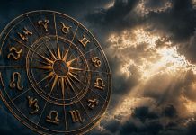 Simboluri zodiacale pe fundal dramatic sugerand o perioada dificila pentru anumite zodii