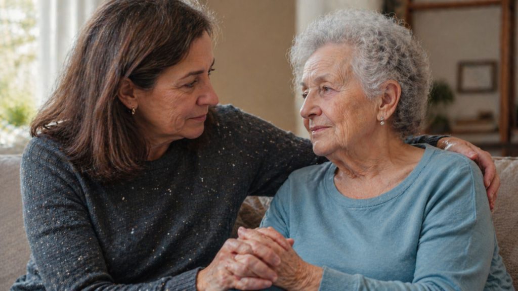 Femeie si mama simbolizand mostenirea genetica