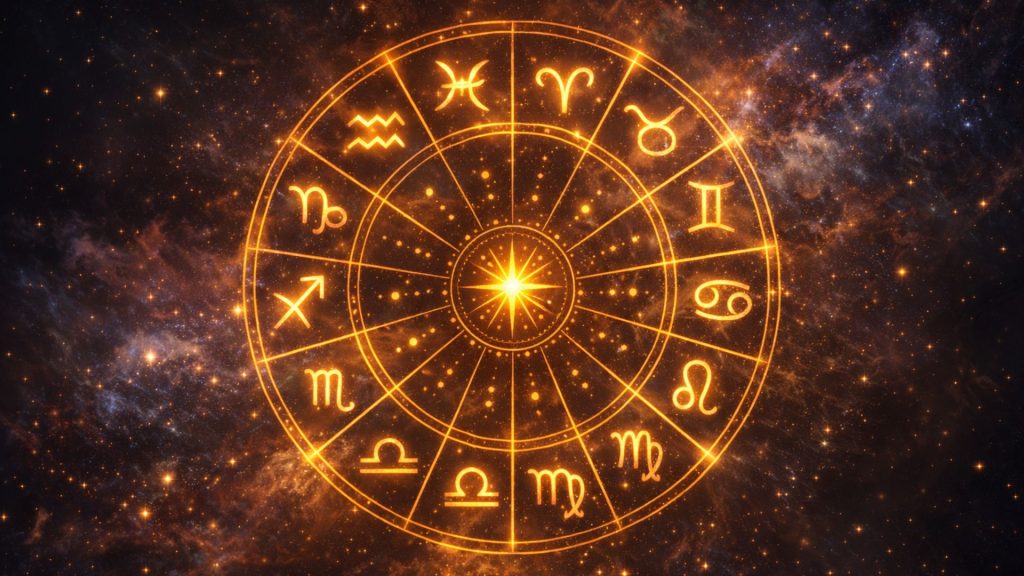 Simboluri zodiacale pe fundal cosmic care sugerează noroc înainte de Paște