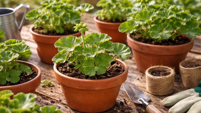 Mușcate verzi în ghivece în luna aprilie, pregătite pentru înflorire