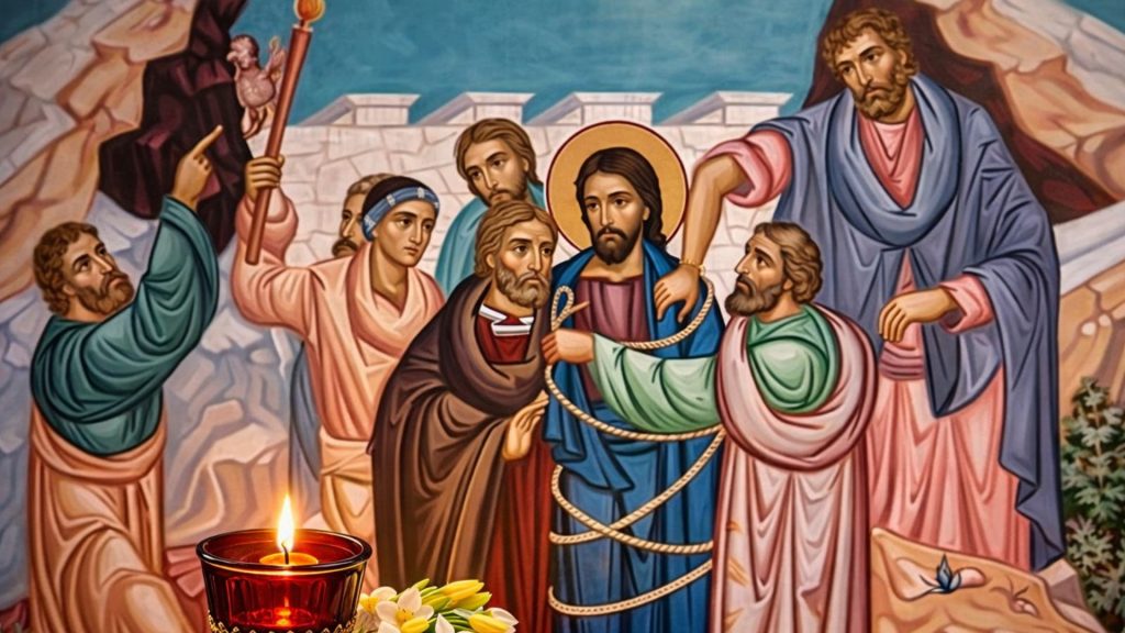 Icoană bizantină cu trădarea lui Iuda și arestarea lui Iisus Hristos, simbol pentru Miercurea Mare din Săptămâna Patimilor