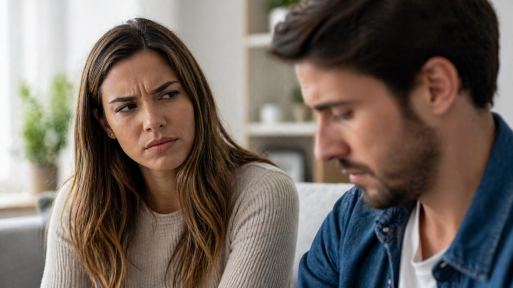 Femeie suspectand partenerul intr-o discutie despre sinceritate si secrete