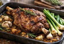 Friptură de miel la cuptor cu vin și usturoi verde. Rețeta tradițională pentru masa de Paște Friptură de miel la cuptor cu usturoi și vin