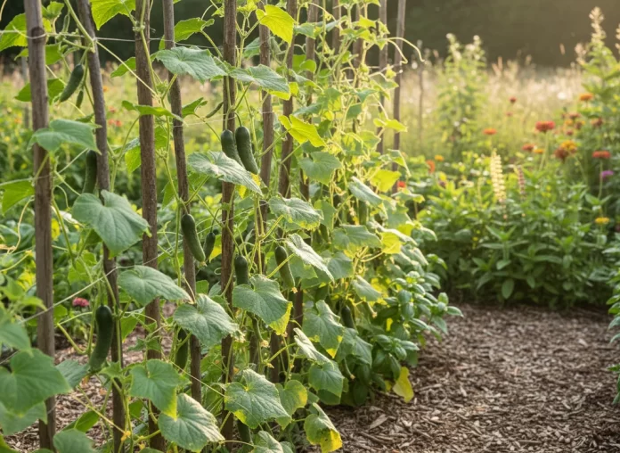 Castraveți susținuți pe araci pentru producție mai mare