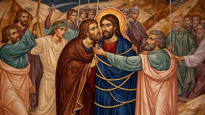 Icoană bizantină cu trădarea lui Iuda și arestarea lui Iisus Hristos în Miercurea Mare