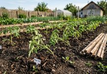 răsaduri de roșii plantate în grădină, ușor înclinate, lângă araci de lemn naturali nefolosiți pe sol afânat