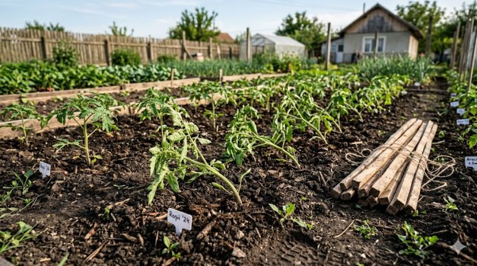 răsaduri de roșii plantate în grădină, ușor înclinate, lângă araci de lemn naturali nefolosiți pe sol afânat