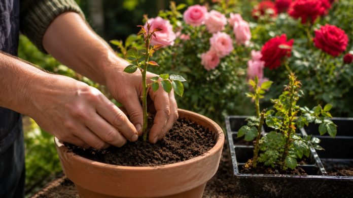 plantare-trandafiri-acasa.jpg Butaș de trandafir plantat într-un ghiveci
