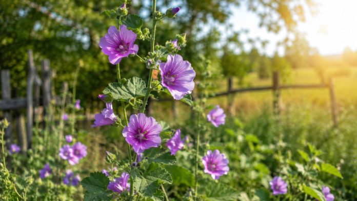 nalba-planta-din-batrani.jpg Nalbă comună cu flori mov într-un câmp natural