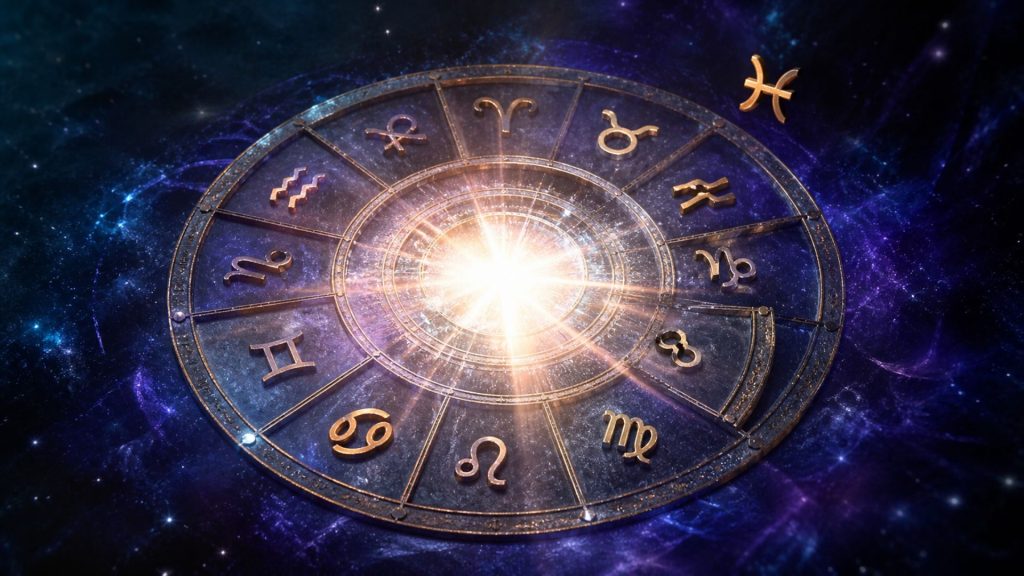 Fundal zodiacal cu simboluri si galaxie