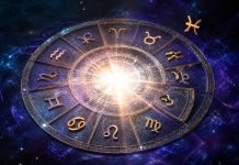 Fundal zodiacal cu simboluri si galaxie