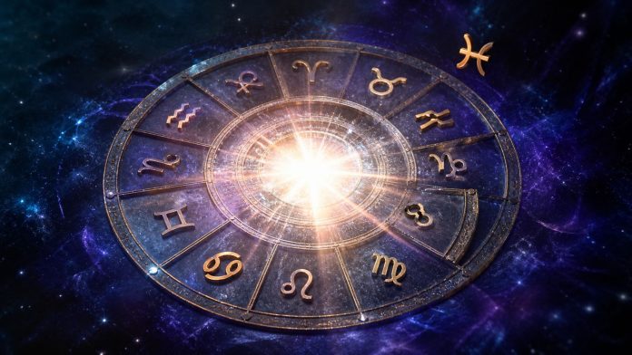 Fundal zodiacal cu simboluri si galaxie