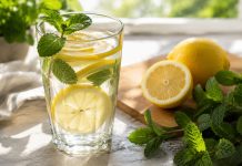 Pahar cu apă și lămâie într-o atmosferă fresh de dimineață