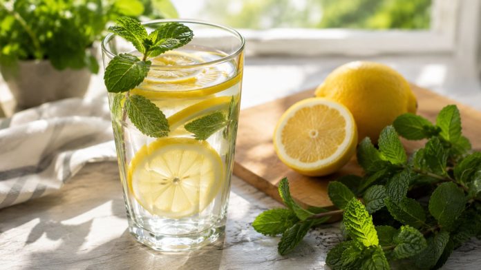 apa-cu-lamaie-dimineata.jpg Pahar cu apă și lămâie într-o atmosferă fresh de dimineață