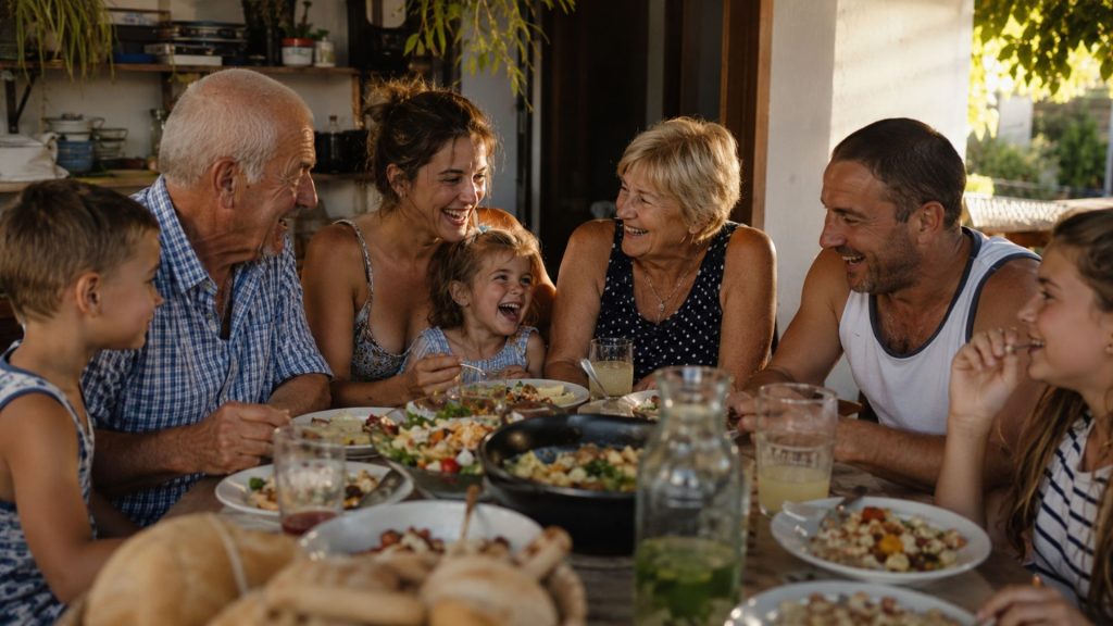 Familie cu bunici, adulți și copii petrecând timp împreună într-o atmosferă caldă și relaxată