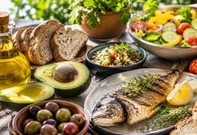 Masă mediteraneană cu legume, pește și ulei de măsline