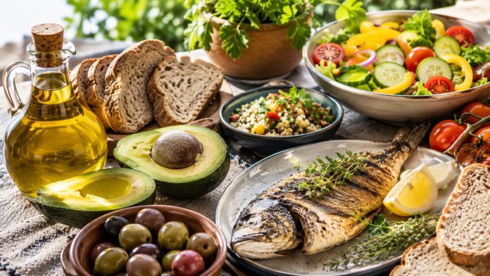 dieta-mediteraneana.jpg Masă mediteraneană cu legume, pește și ulei de măsline