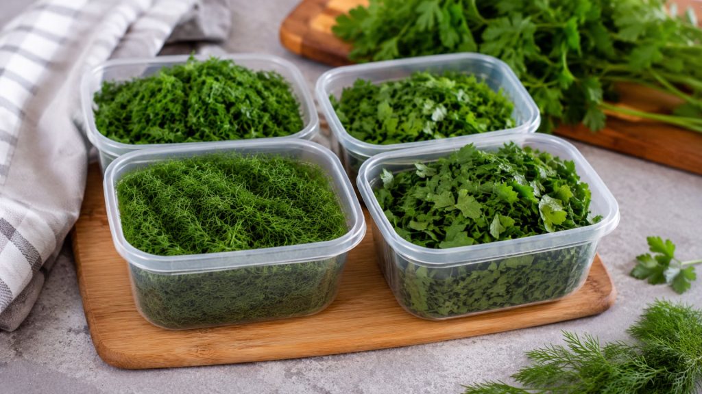 Verdețuri proaspete pregătite pentru congelare în recipiente