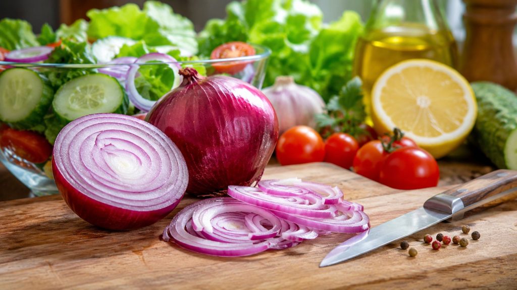 Ceapă roșie și salată sănătoasă pentru alimentație echilibrată