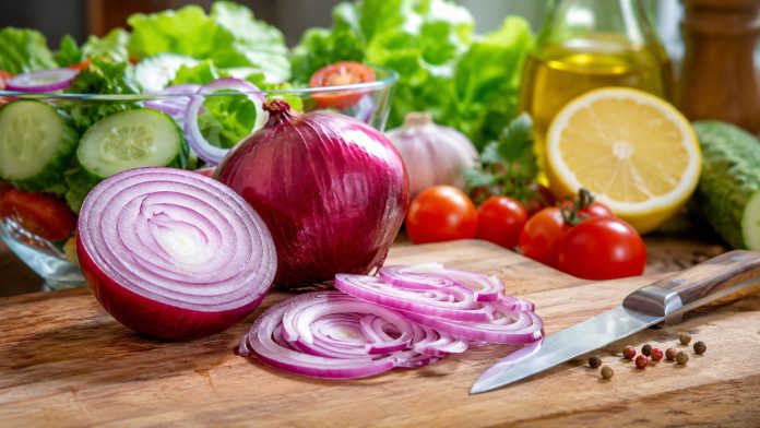 Ceapă roșie și salată sănătoasă pentru alimentație echilibrată